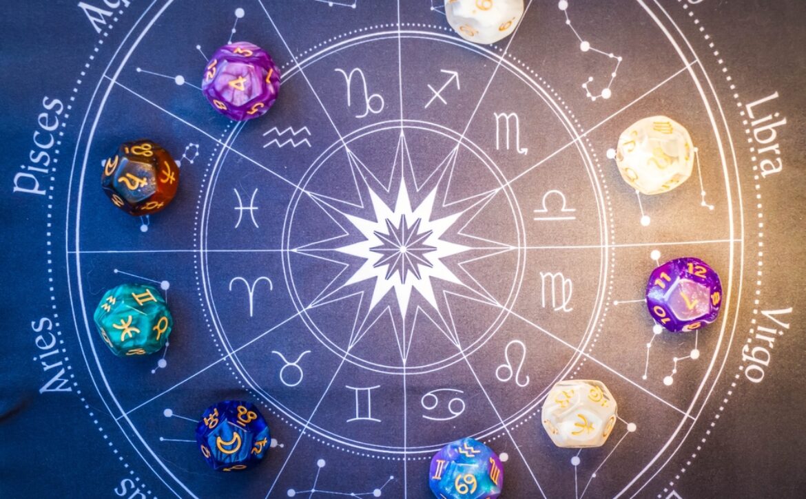Horoscope,Zodiac,Circle,With,Divination,Dice,,Top,View.,Fortune,Telling