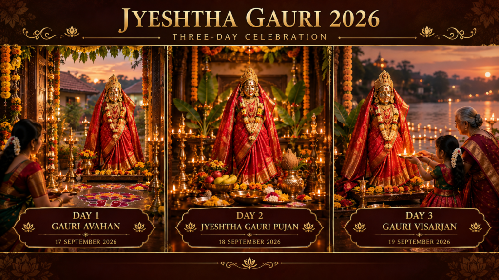 Jyeshtha Gauri 2026 three-day celebration schedule showing Gauri Avahan, Jyeshtha Gauri Pujan, and Gauri Visarjan dates