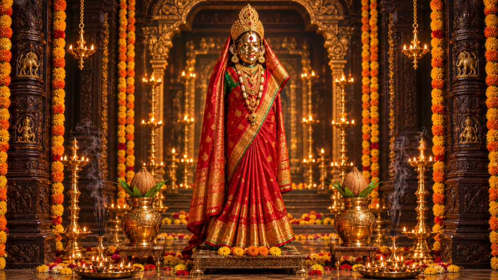 Golden idol of Goddess Mahalakshmi dressed in a red silk saree surrounded by oil lamps and marigold flower garlands