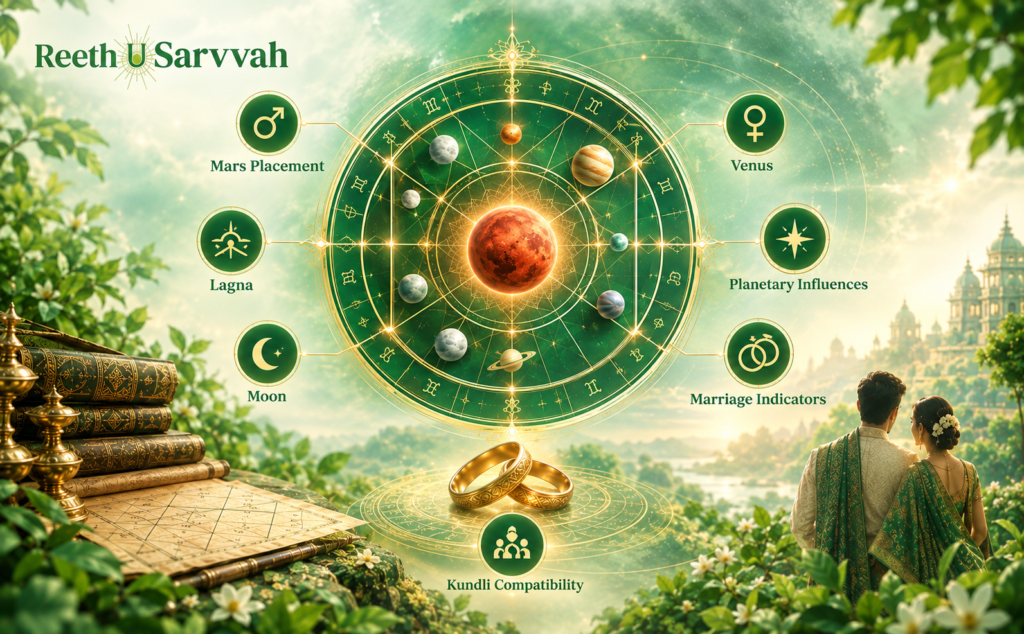 Vedic Kundli analysis showing Mars placement, Lagna, Moon, Venus, planetary influences and marriage compatibility