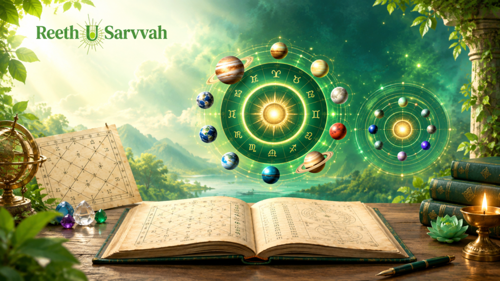 Vedic astrology chart with planetary periods, zodiac wheel, Kundali chart, and planetary orbits in a green setting.