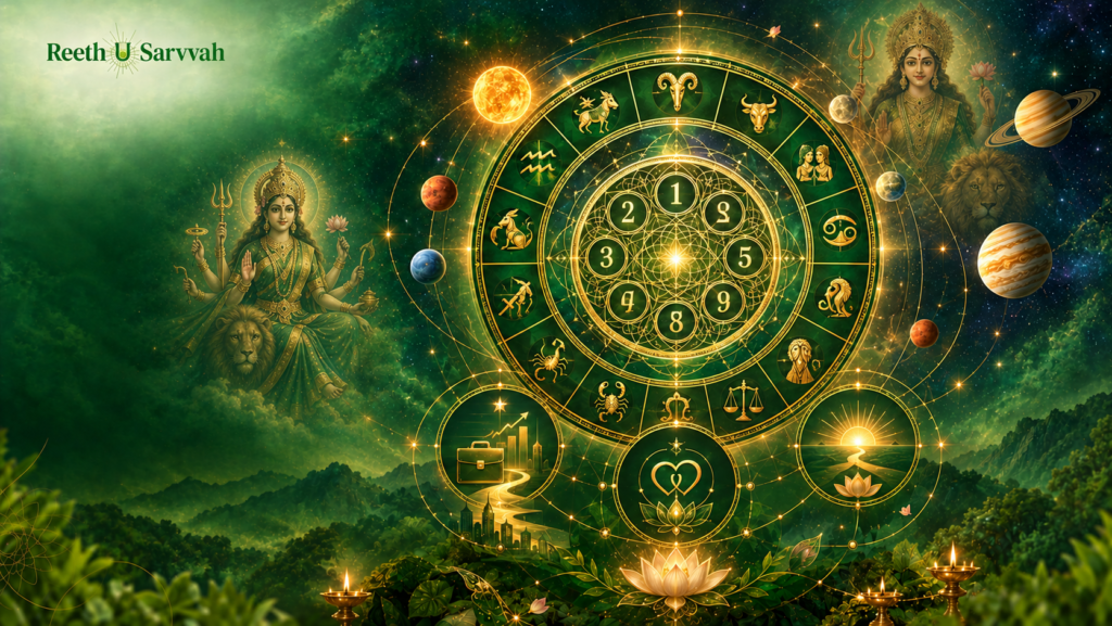 Emerald astrology mandala with Nav Durga, zodiac signs, numerology, planets, and spiritual symbolism.