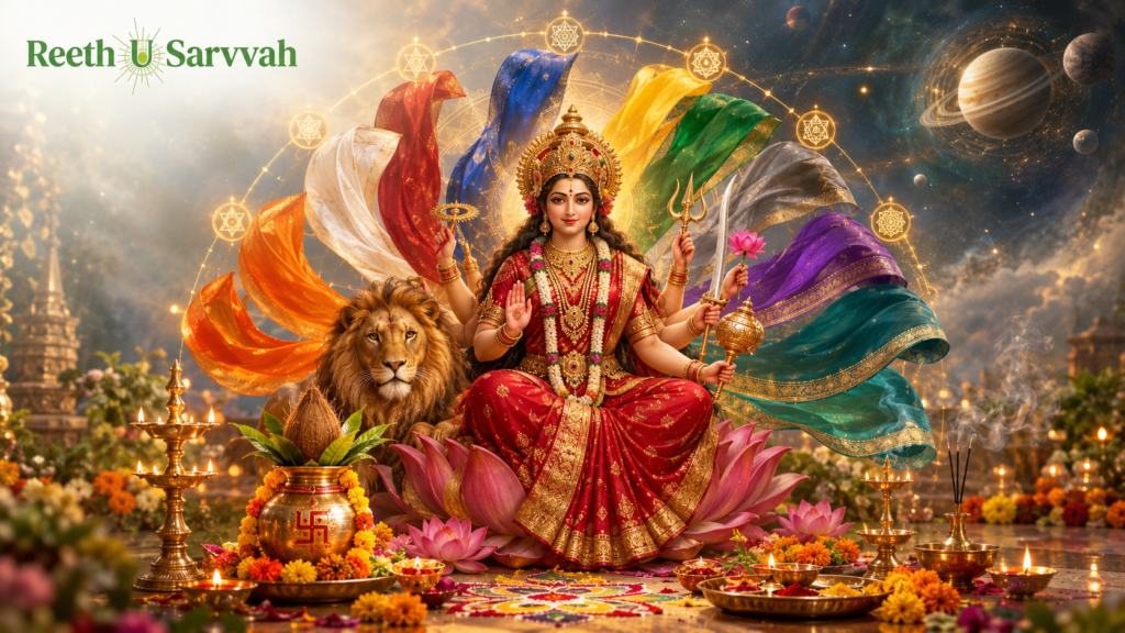 Nine traditional Navratri colours—orange, white, red, royal blue, yellow, green, grey, purple and peacock green—represented through decorative silk ribbons and festive puja elements.