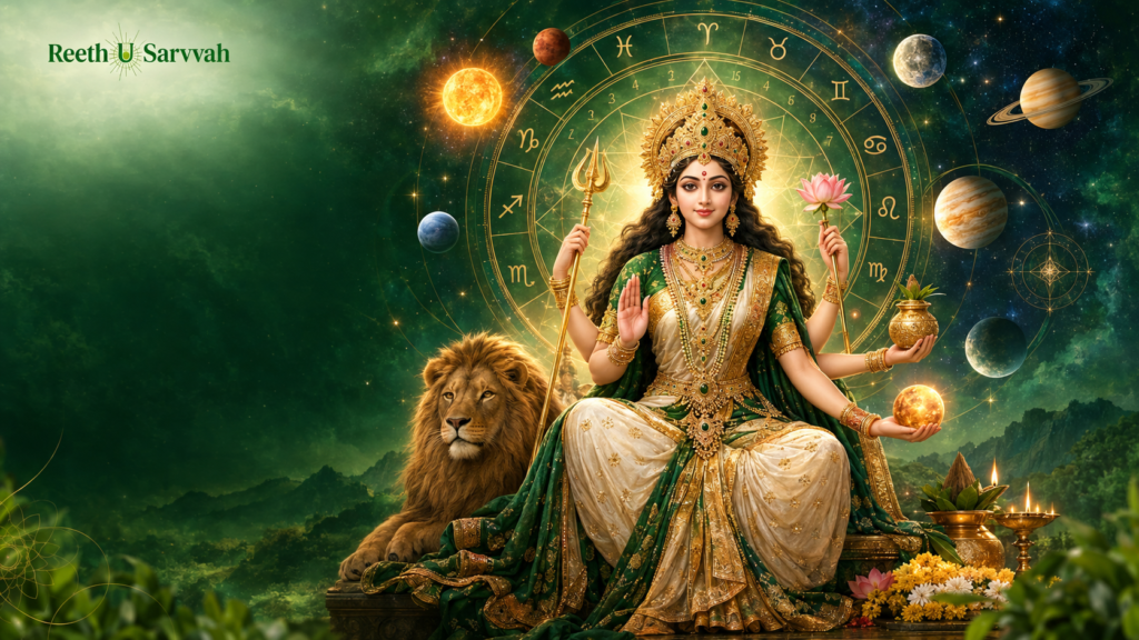 Navratri astrology feature image showing Goddess Durga with a lion, zodiac symbols, planets, and celestial elements in an emerald-green and gold cosmic setting.